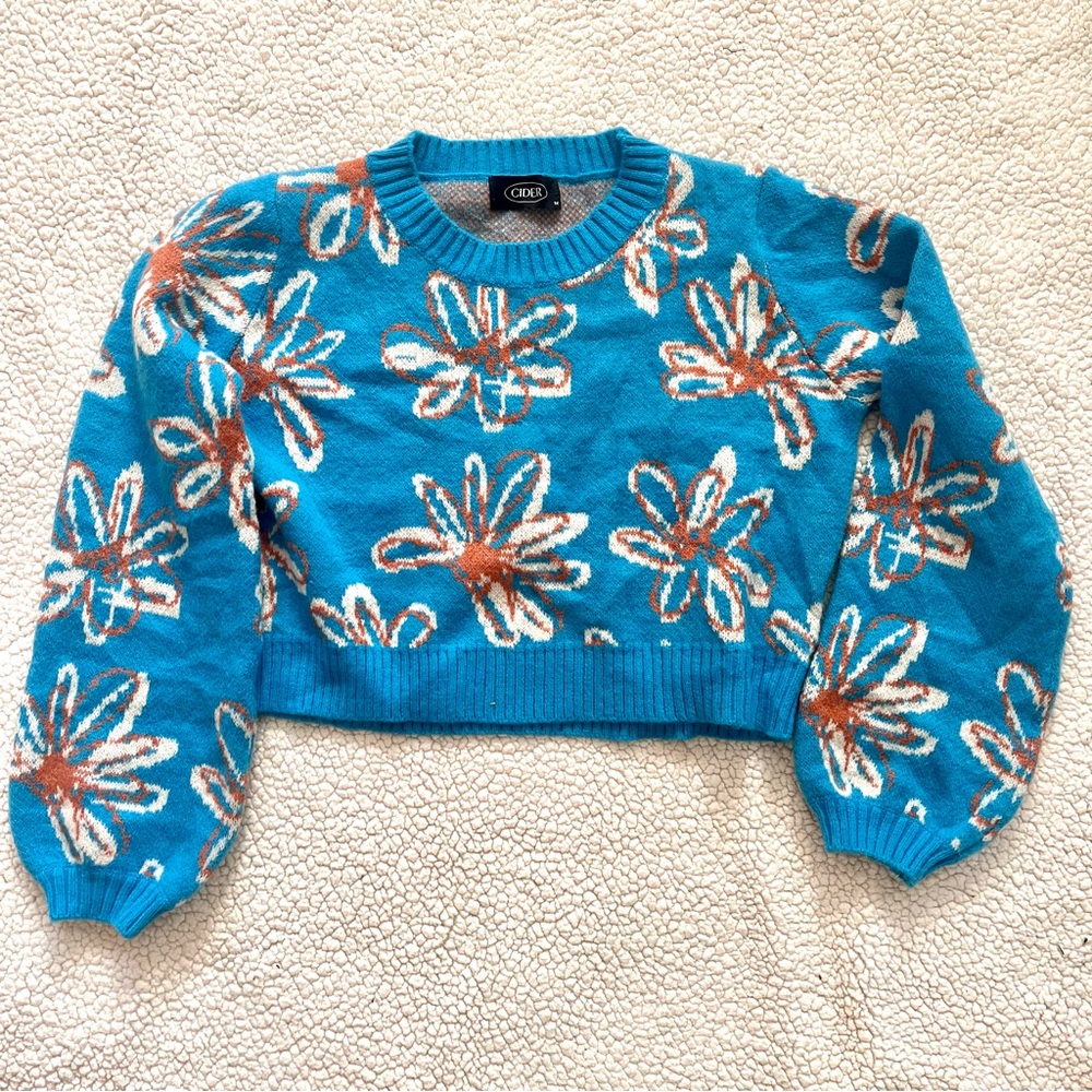 Cider Blue and Orange Floral Women's Cropped Sweater Size M